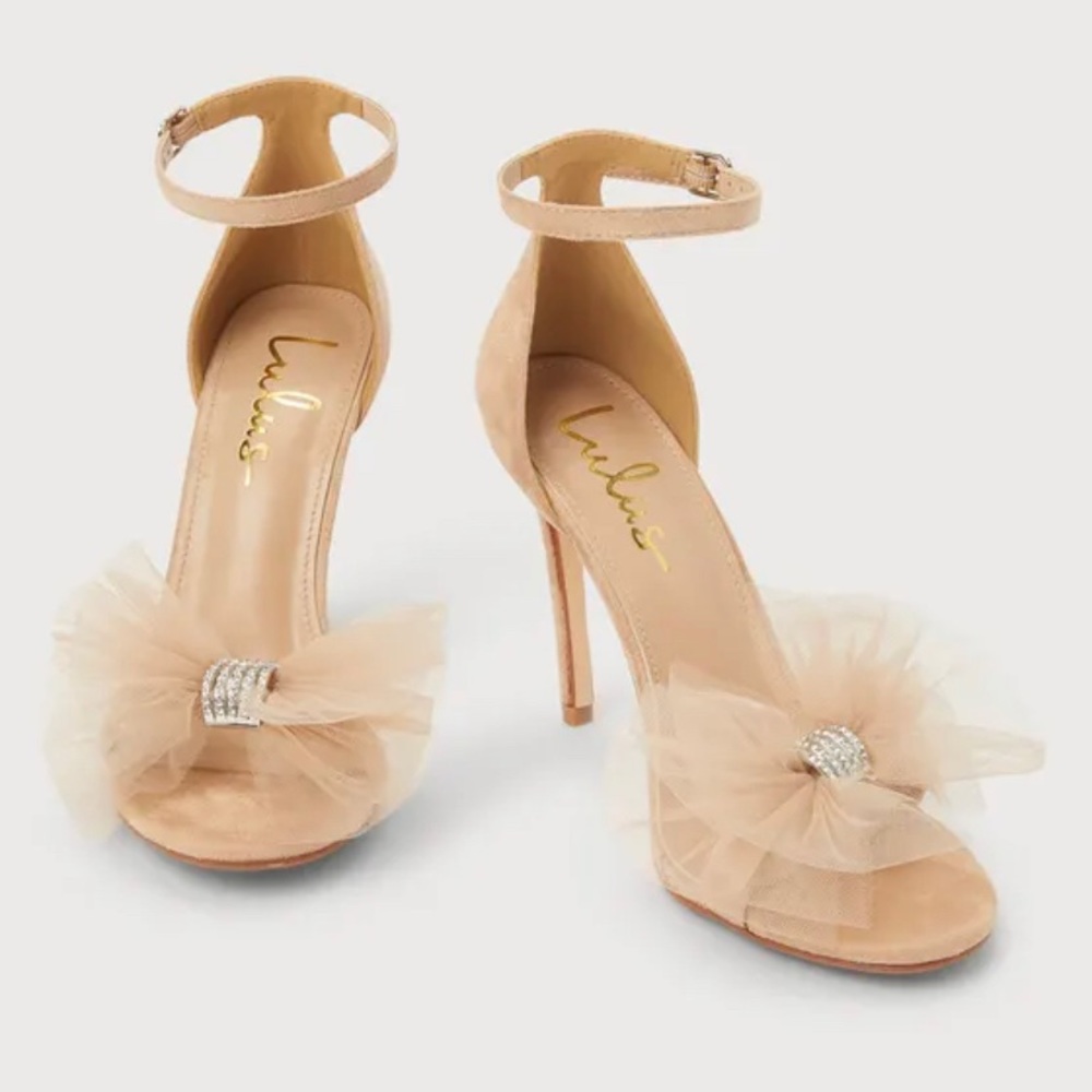 Lulu's Rexie Light Nude Suede Bow Pointed-Toe Ankle Strap Heels. Size 7.5 - Picture 2 of 5